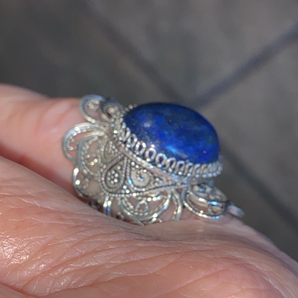 Genuine Lapis Lazuli Sterling Filigree Ring - Picture 11 of 11